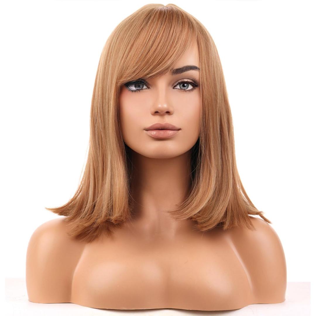 BERON Strawberry Blonde Wigs for Women Short Straight Bob Wig with Side Bangs Girls Middle-Length 14 Inch Body Halloween Costume Synthetic Hair Wig for Cosplay Party or Daily Use