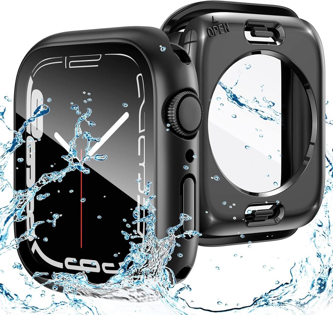 Goton 2 in 1 Waterproof Case for Apple Watch Series 9 8 7 Screen Protector 45mm, 360 Protective Glass Face Cover Hard PC Bumper + Back Frame for iWatch Accessories 45 mm (Black)