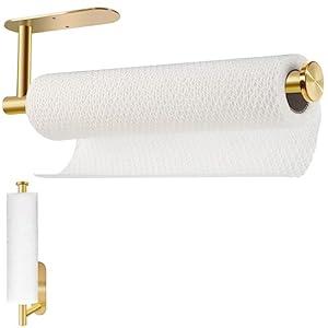 Paper Towel Holder Under Kitchen Cabinet - Self Adhesive or Drilling Paper Towel Holder Stick on Wall for Kitchen, Bathroom, Cabinets, SUS304 Stainless Steel - Gold