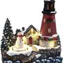 Lightahead Christmas Scene LED Lighted Lighthouse with Turning Snowman Figurine, A Musical Decoration with 8 melodies