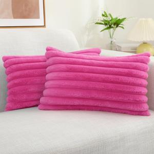decorUhome Faux Fur Throw Pillow Covers 12x20 Set of 2, Decorative Soft Plush Striped Lumbar Neutral Couch Pillow Covers with Velvet Back for Sofa, Bed, Living Room Home Decor, Hot Pink