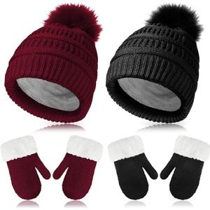 2 Pieces Winter Warm Baby Hats Fleece Lined Beanie Babies Toddler Boy Beanie Hat with 2 Pairs Winter Mittens Thick (Red and Black, Small)