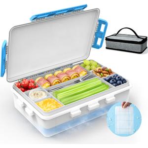 Chilled Snack Box Container with Ice Pack, Portable Travel Food Containers with Lids, Keep Cheese and Fruits Remained Fresh for Hours, Divided Serving Tray for Family Road Trip Beach Picnic(White)