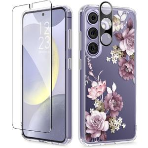 GVIEWIN for Samsung Galaxy S24 Plus Case, Clear Floral Slim Shockproof Protective Women Phone Case, Non-Yellowing,with Screen Protector & Camera Lens Protector for S24 Plus 6.7",Cherry Blossoms/Purple