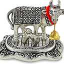 NOBILITY Pooja Items Diwali Gift Silver Antique Small Kamdhenu Cow with Calf Metal Statue Decorative Item Showpiece for Home Office Decoration Wedding Return Gifts (Pack of 1)