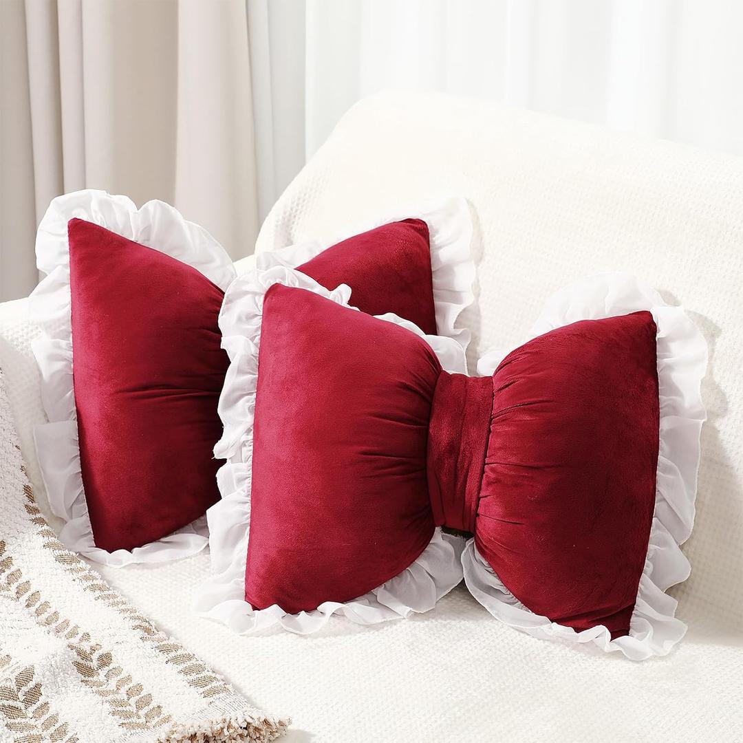 Yousoontic 2 Pcs Bow Pillows 15.7 * 12.6 in Coquette Throw Pillow Cute Bow Shaped Cushion Plush Lumbar Decorative for Girls Room Bed Sofa Couch Car(Velvet,Red)
