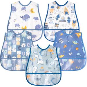 R HORSE 5Pcs Baby Bibs Set Toddler Bibs with Crumb Catcher Pocket & Snap Button Waterproof Baby Feeding Bibs for 6-24 Months (Blue)