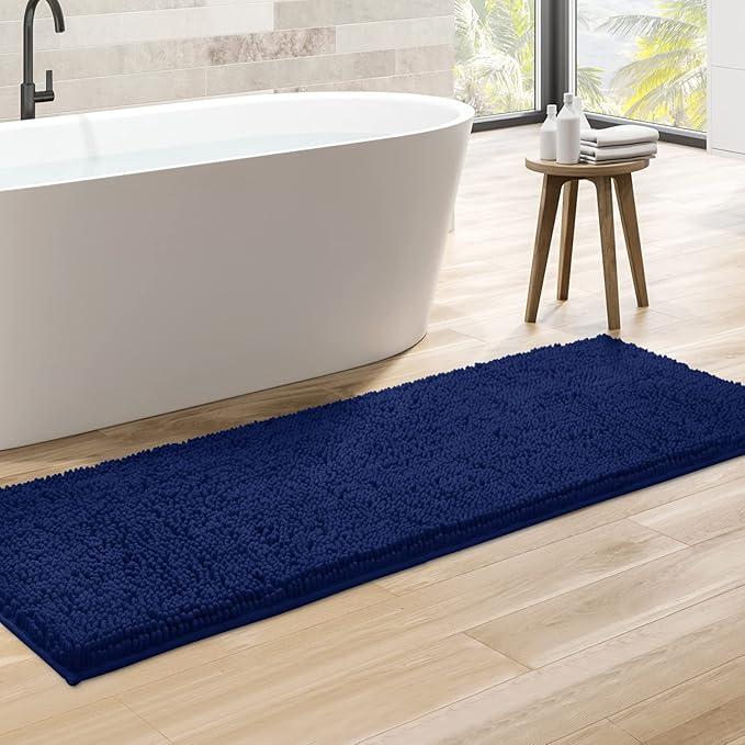 HOMEIDEAS Bathroom Rug Runner Navy Blue 20x60 inch, Ultra Soft and Absorbent Non-Slip Long Bath Rug, Thick Chenille Plush Machine Washable Shower Floor Carpet