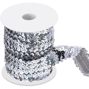 Chuangdi 11 Yard 1 Inch Elastic Sequins Trim 3 Row Flat Glitter Sequin Bling Fabric Paillette Ribbon Trim Metallic Stretch Crafts Elastic Lace for Dress Embellish(Silver)