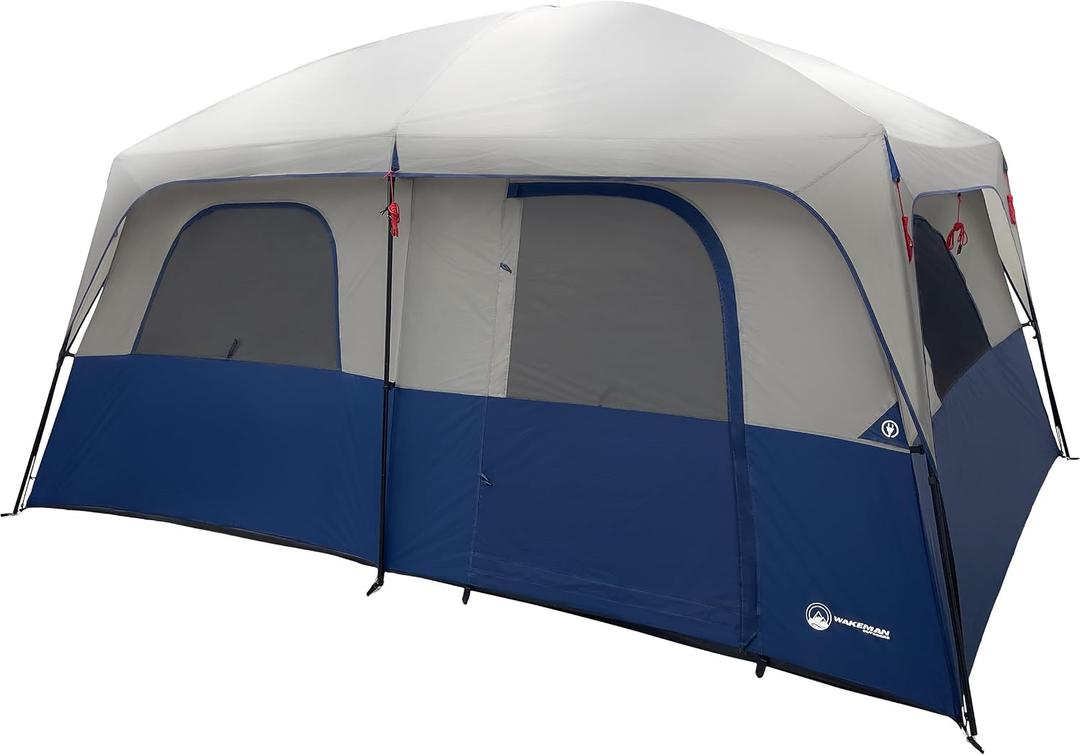 10 Person Camping Tent - Large Outdoor Tent with Room Divider and Rainfly - Family Camping House with 2 Doors and 4 Screen Windows by Wakeman Outdoors (Navy)