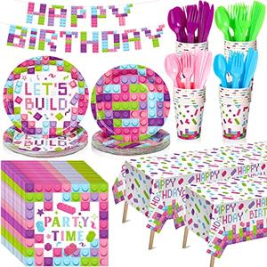 Gejoy 171 Pcs Building Block Birthday Party Supplies Tableware Kit Include Plates Cups Knives Forks Spoons Napkins Tablecloths Banner for Girls Birthday Party Decoration Serve 24 Guest (Sweet Color)