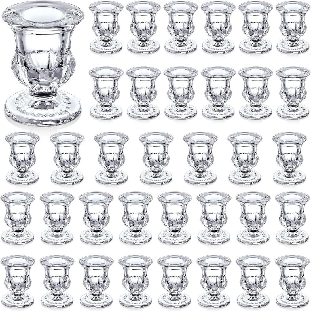 36 Pcs Clear Glass Candlestick Holders Taper Candle Holder Bulk 2.5 Inch Candle Stick Holder for Table Centerpiece Mantel Wedding Housewarming Gift Rustic Vintage Valentines Dinning Decoration (Clear)
