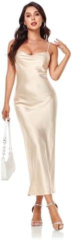 Women's Spaghetti Strap Midi Satin Silk Dresses Slip Cowl Neck Party Cocktail Evening Sexy Dress, M, Apricot