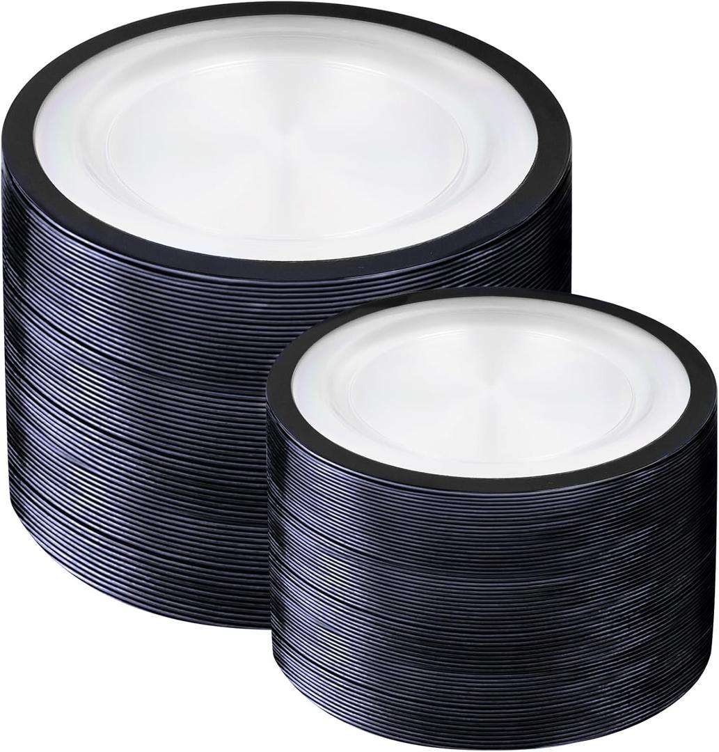 U-QE 200 Pcs Clear and Black Plastic Plates - Black Plates Disposable for Party & - Include 100 Dinner 10'' & 100 Dessert 7''(Heavyweight)