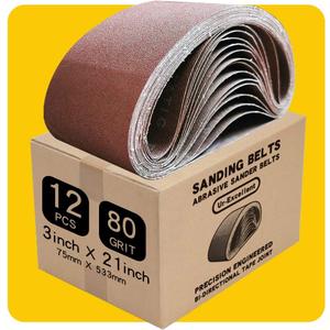 3 x 21 Inch 80 Grit Sanding Belt | Premium Aluminum Oxide Sanding Belt | Premium Sander Sandpaper,  12 Pack