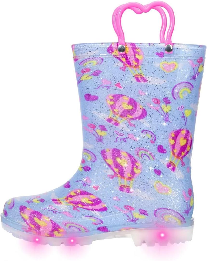 Toddler Kids Rain Boots Boys Girls Light Up Waterproof Boot with Handles (1 Big Kid, Hot Air Balloon)