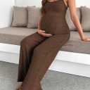 BLENCOT Maternity Ribbed Jumpsuit Sleeveless Square Neck Wide Leg Stretchy One Piece Romper (Brown, S)