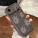Compatible with iPhone Air Case with Finger Strap, [Upgraded] Adjustable Wristband Kickstand Cover for Women Girls, Daisy Floral Shockproof Silicone Protective Case 6.5 Inch, Brown