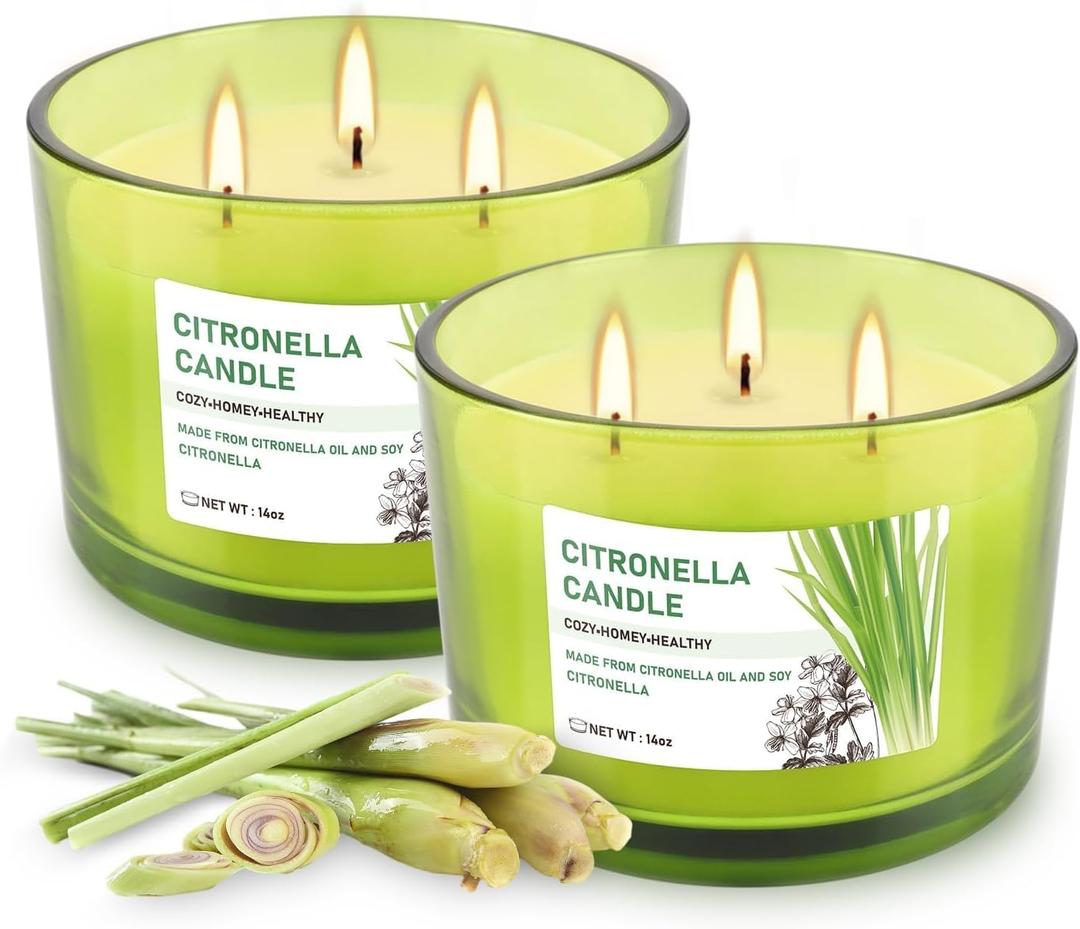 Set of 2 Green Glass Jars Citronella Oil Candles 14oz Smokeless & Outdoor Candles Perfect for Courtyards, Backyards, Camping, Picnics, and Garden.