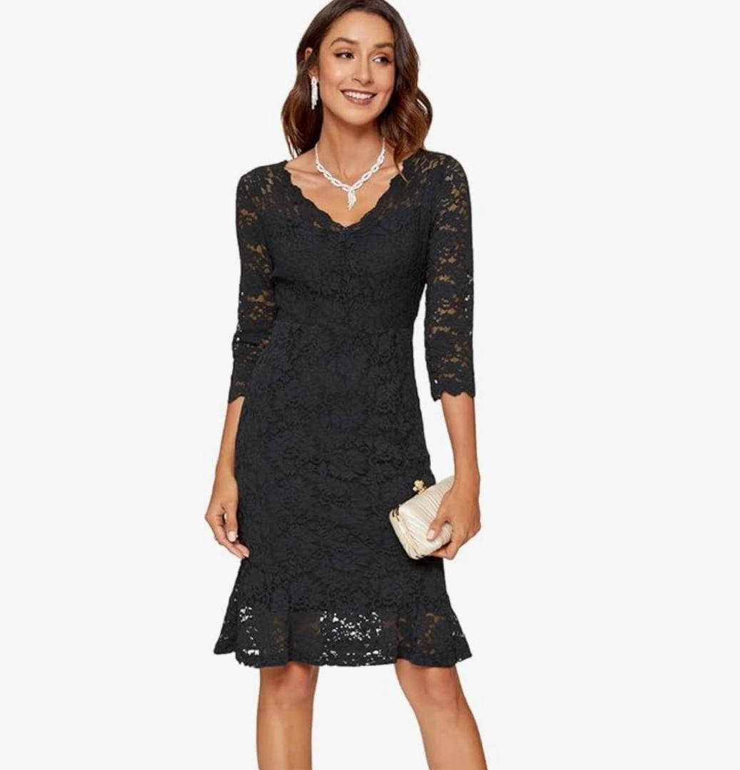 Atnlewhi Womens 3/4 Sleeve Slim Fit Lace Cocktail Dresses Party Wedding Guest V Neck Formal Evening Bodycon Dress, Size M