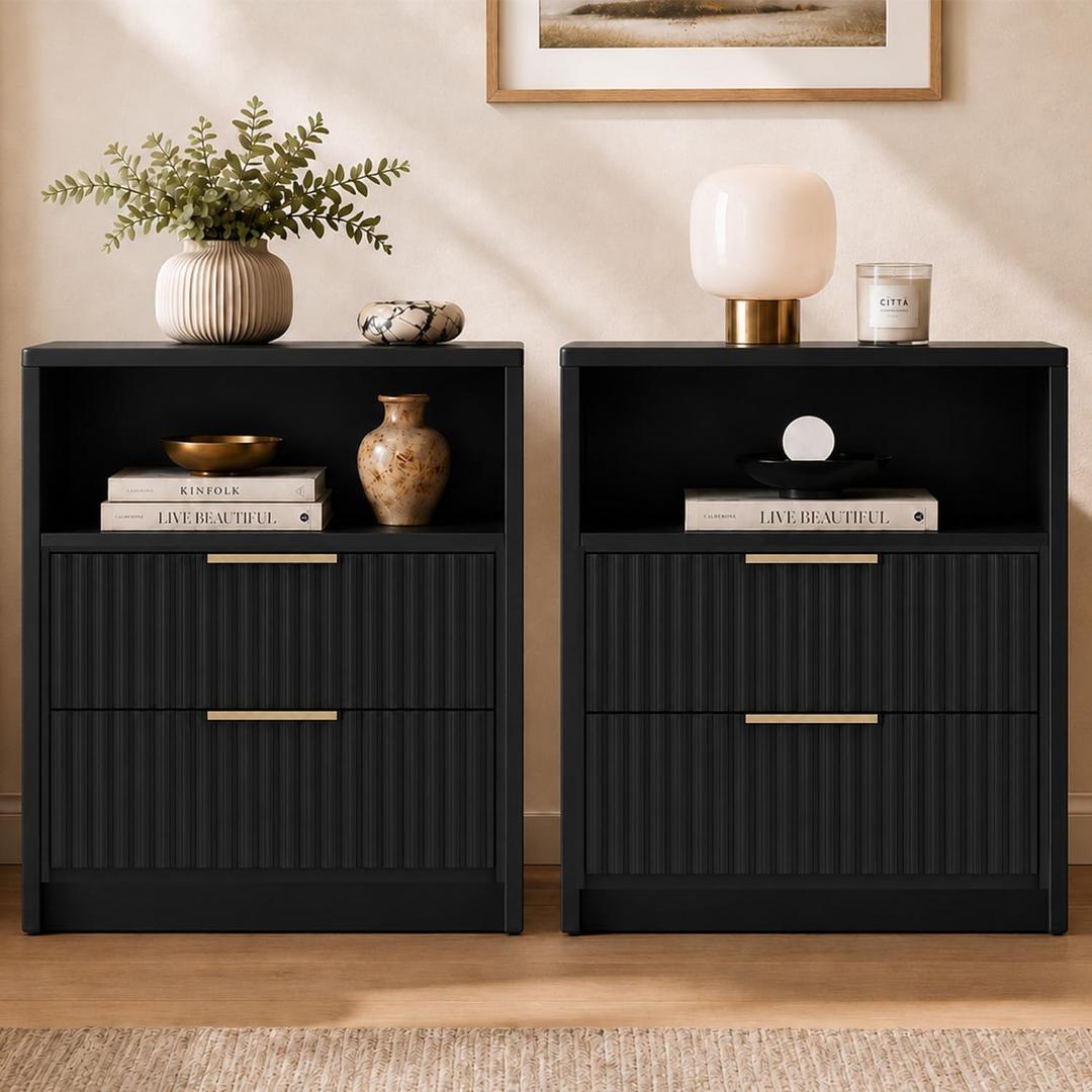 Nightstands Set of 2, Fluted Nightstand with 2 Drawers, Black & Narrow, 17.71" x 13.77" x 22.83"