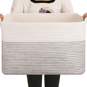 OIAHOMY Large Blanket Basket, 65L Cotton Rope Woven Laundry Basket, Toy Bin for Baby Room, Container for Blanket Storage in Living Room, 20''16''12'', Black & White
