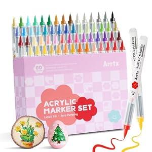 Arrtx 60 Colors Direct Liquid Ink Acrylic Marker, Brush Tip Coloring Drawing Cartoon Anime Comic, Art Supplies for Stone, Glass, Egg, Wood, DIY Crafts