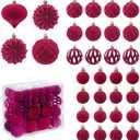 Velvet Christmas Balls 48pcs Flocked Christmas Tree Ornaments Set Shatterproof Christmas Ornaments with Hanging Rings Suitable for Xmas Tree Holiday Decor (Wine Red)