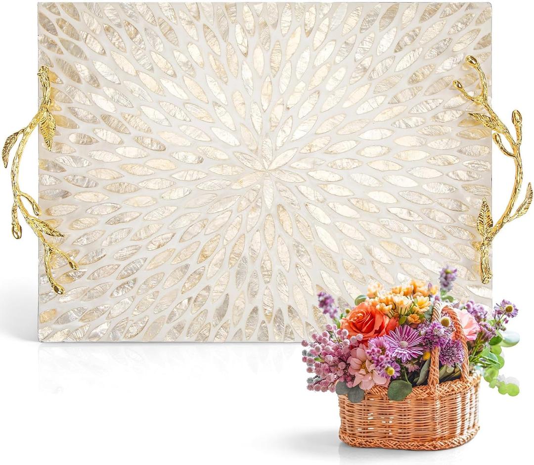 15.7 x 11.8 Inch Mother of Pearl Decorative Tray with Gold Metal Handle, Rectangular Serving Tray for Coffee Table, Kitchen Counter, Bathroom Vanity or Dining Table Centerpiece