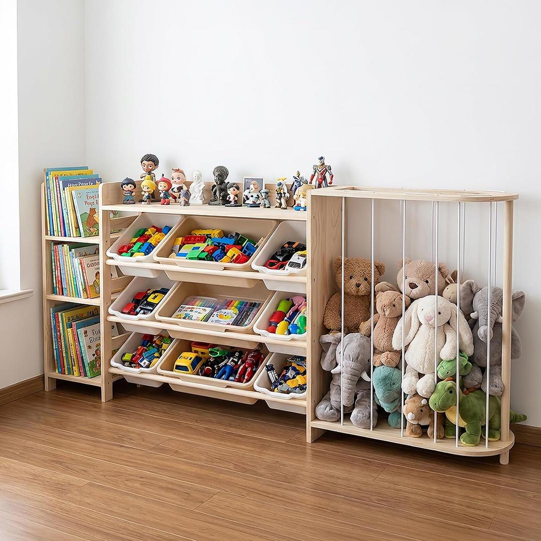 Amdermi Kids Toy Storage Organizer with Bookcase and Stuffed Animal Zoo, 4-in-1 Wooden Multi Bin Toy Shelf for Toddlers, Playroom, Bedroom, Nursery