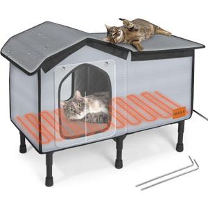 Outdoor Cat House Heated for Outside Winter 100% Waterproof Oxford Tarpaulin with Safe Escape Door and 5" Elevated Base with Heater for Feral Barn Cat Kitty (26“x20”x14“)