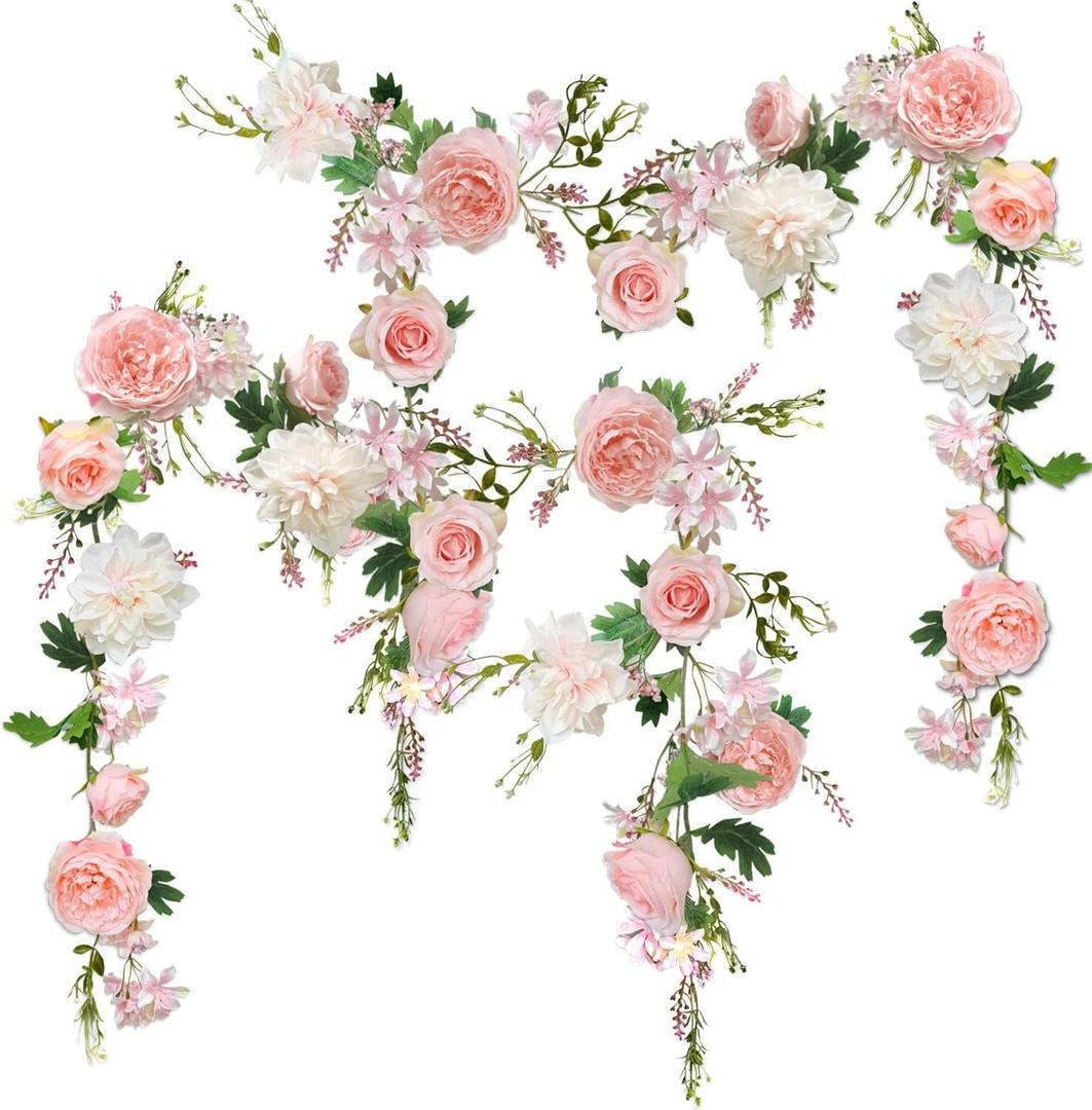 Peony Garland, 2PCS 6' Each, OrgMemory Rose Flower Vine, Floral Garland for Wedding Decor Home Table Runner Mantle Decoration