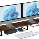 Vintage Wooden Dual Monitor Stand - 2 Monitor Riser with Metal Legs & Drawer, Office Desk Organizer