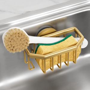 TAILI Sponge Holder for Kitchen Sink with Strong Suction Cup, Rustproof Aluminum Sink Caddy for Sponges, Brushes, Stoppers & Scrapers, Gold (6.1" x 3.5")