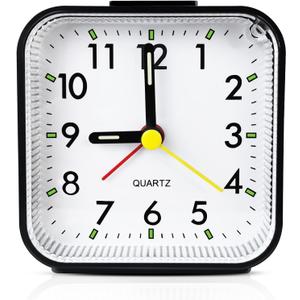 Small Analog Travel Alarm Clock, Battery Operated Clock, Quieter Bedside Alarm Clocks for Bedrooms Bathroom Living Room Kitchen Shelf, Black