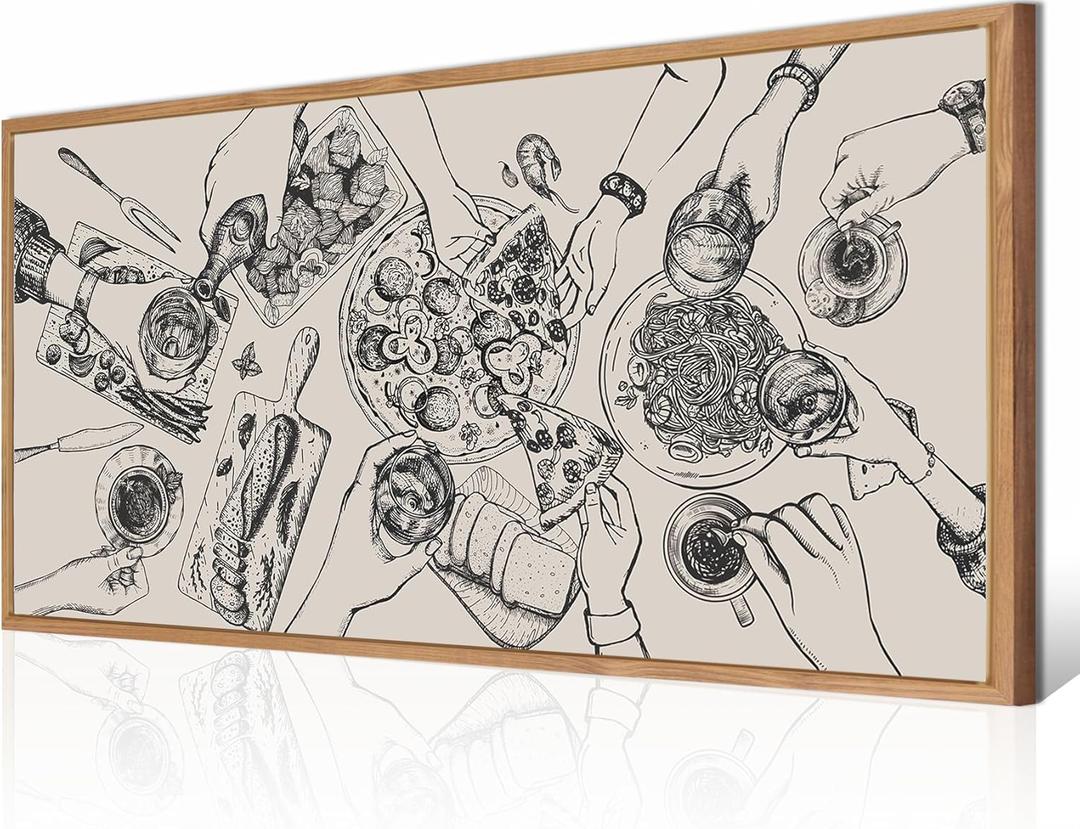 BINCUE Large Framed Wall Art Food and Drink Canvas Wall Decor Pizza Cheers Sketch Painting Retro Canvas Wall Art for Kitchen Dining Room Restaurant Used for Gatherings Decor (40L" x 20W")