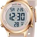 GOLDEN HOUR Waterproof Women's Digital Sports Watches with Silicone Strap, Alarm Calendar Stopwatch Chronograph 32mm Rose Gold Case