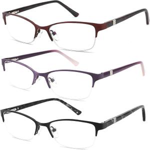 HOTJOJO 2 Pack Reading Glasses For Women Blue Light Metal Half Computer Readers +3.50