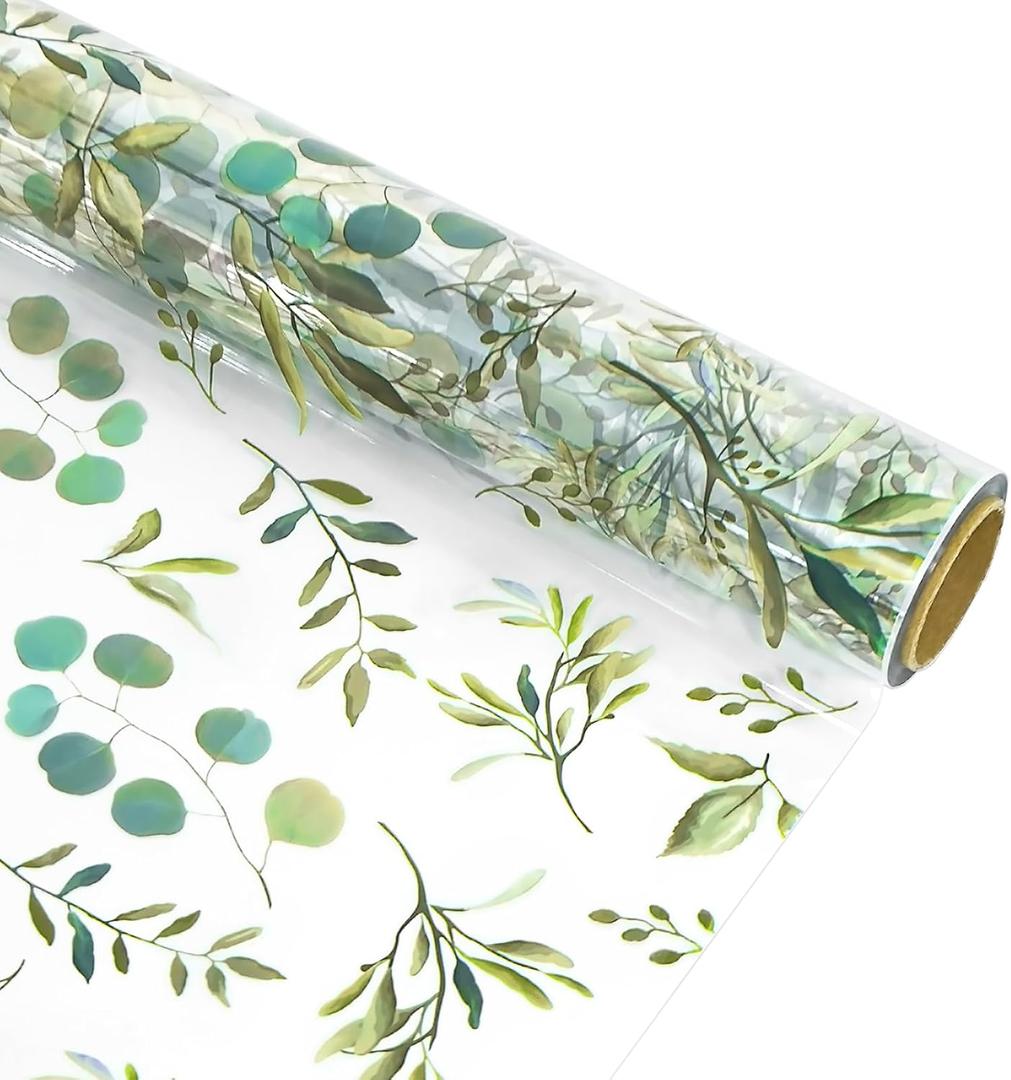 Whaline Eucalyptus Cellophane Wrap Roll Greenery Clear Wrapping Paper 100 Ft x 16 Inch Green Leaves Plastic Gift Basket Wrap for Wedding Birthday Baby Shower Party DIY Craft Supplies