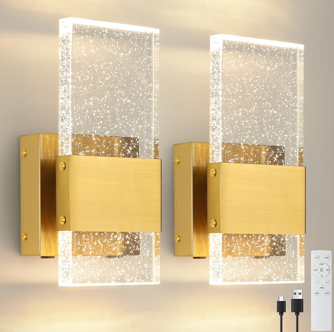 Gold Battery Operated Wall Sconces Set of 2,USB Rechargeable Dimmable LED Wireless Wall Light with Remote Control,Cordless Wall Lamp Set of Two for for Bedroom Living Room Bedside