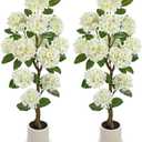 4FT White Hydrangea Artificial Flowers Tree Large Real Touch Faux Silk Hydrangea Plants Potted Fake Flower in White Pot for Home Indoor Outdoor Front Porch Garden Entrance Living Room Decor, 2 Pack