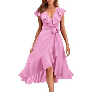 PRETTYGARDEN Women's Summer Wrap V Neck Split Party Dress Ruffle Short Sleeve Midi Dress with Belt Casual Long Dresses (Bright Pink, Small)