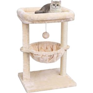 SYANDLVY Small Cat Tree for Indoor Cats, Activity Cat Tower with Scratching Post for Kittens, Cat Furniture with Basket & Hanging Ball for Play Rest, Beige
