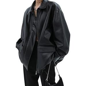 Women Faux Leather Blazer Vintage Lapel Boyfriend PU Jacket Long Sleeve Button Down Coat Streetwear (Medium)