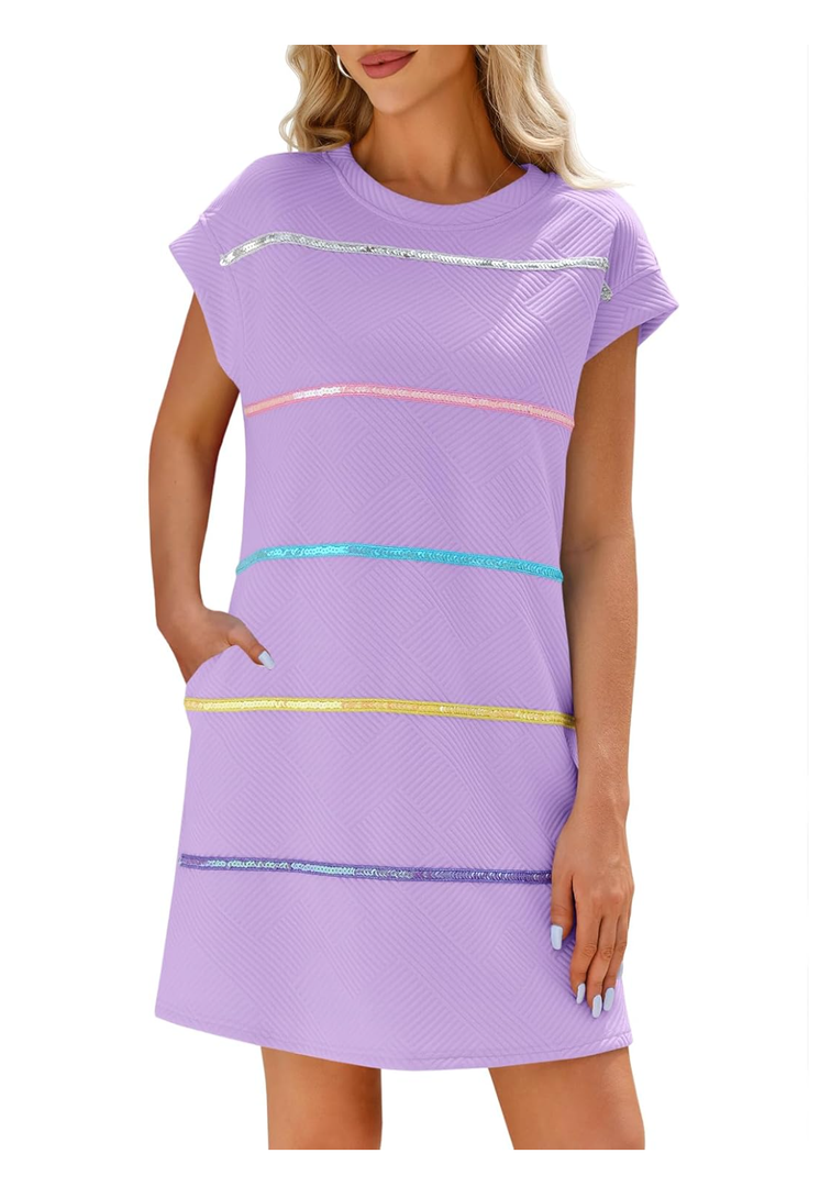 Wenrine Womens Textured T Shirt Dress Short Sleeve Summer Casual Sequin Stripe Mini Dresses , Size M