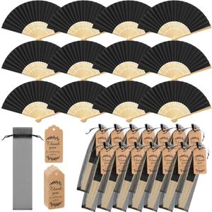 Roowest 50 Pack Handmade Paper Folding Fans with Gift Bags Thank You Card, Bamboo Handheld Folded Fan for Home DIY Office Decor Wedding Party Baby Shower Party Gift Accessories (Black)