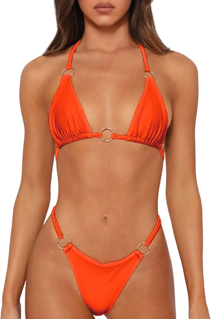 Sexy Bikinis for Women 2 Piece Bikini Spaghetti Strap Swimsuits Solid Color Bathing Swimwear Triangle Bathing Suit (Medium, Orange)