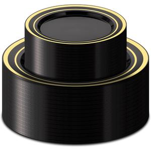 BESTSTAR 100PCS Black Plastic Plates Set with Gold Rim, 50 10.25 inch Dinner Plates and 50 7.5 inch Dessert Plates, Premium Disposable Plates forfor Party, Wedding, Holiday,And Halloween
