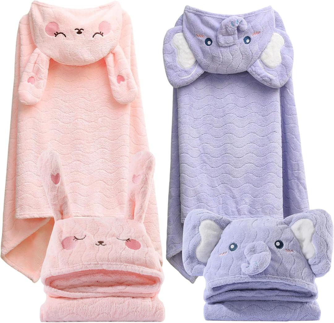 FOINEMYED 2 Pack Hooded Towels for Toddlers - Thick 55" x 27.5" Baby Bath Towel Set for Girls and Boys - Super Absorbent, Age 1-5, Elephant & Rabbit