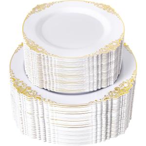 200PCS White and Gold Plastic Plates - Gold Disposable Plates - Gorgeous Wedding Plate 10inch Dinner & 7.25inch Dessert Plate for 100 Guests for Wedding & Party